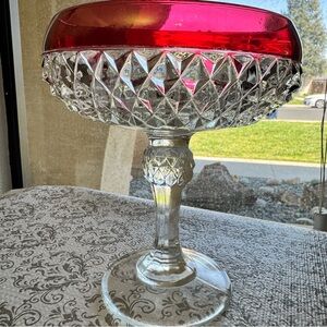 Vintage Indiana Glass Diamond Point Ruby Flash Pedestal Compote Bowl Centerpiece